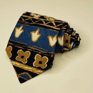 Silk Floral Motif Necktie, Black, Blue, Gold